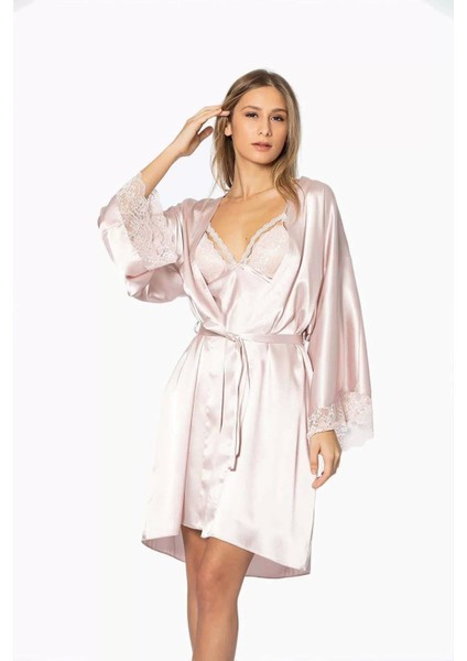 Sütyen Kaplı Sabahlık Gecelik Set 4250 Pudra