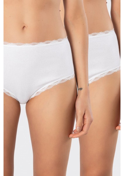 Kadın Likralı Ribana Dantelli Yüksel Bel Külot 2'li Paket 929/BEYAZ