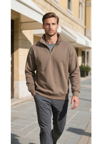 Erkek Yarım Fermuarlı Düz Sweatshırt Kahverengi