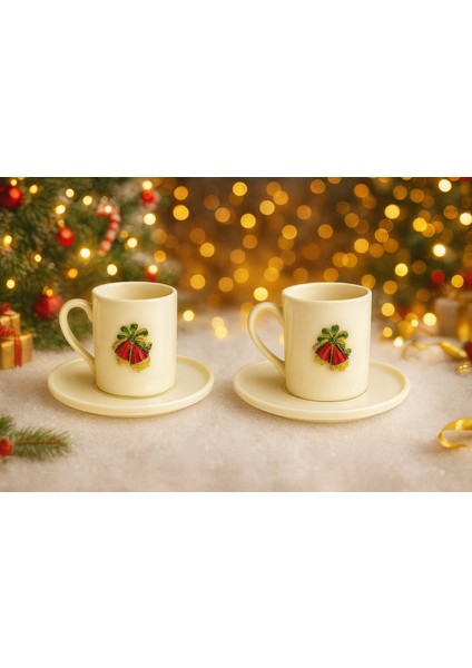 Yılbaşı Zil Aksesuarlı 2 Kişilik Derya Porselen Kahve Seti, Yılbaşı Hediyelik Fincan
