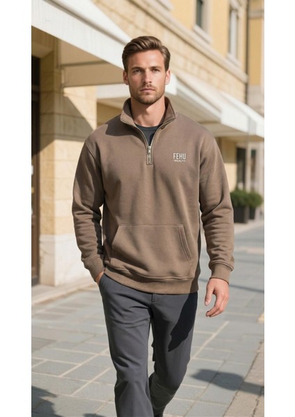 Erkek Yarım Fermuarlı Sweatshırt Kahverengi