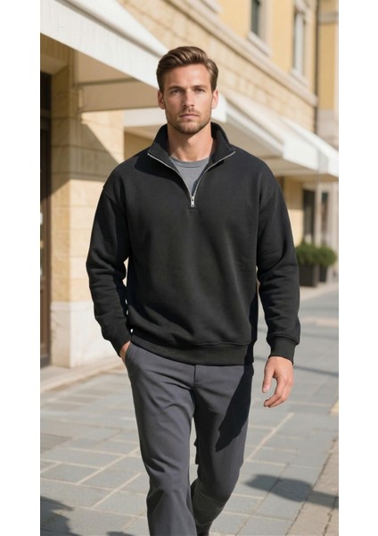 Erkek Yarım Fermuarlı Düz Sweatshırt Siyah