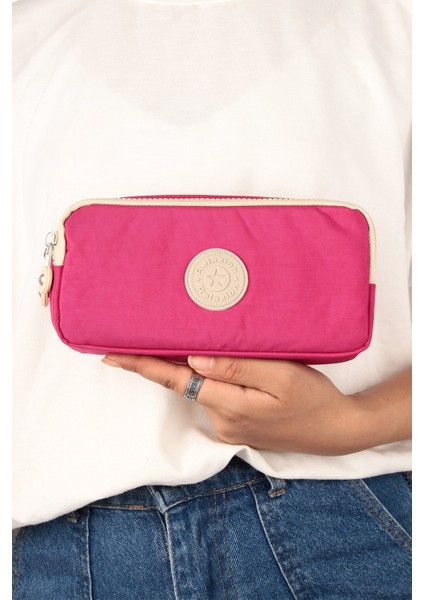 RLX-124 Iki Gözlü Klinkır Kumaş Kalemlik Okul Üniversite Çanta Pembe Krem