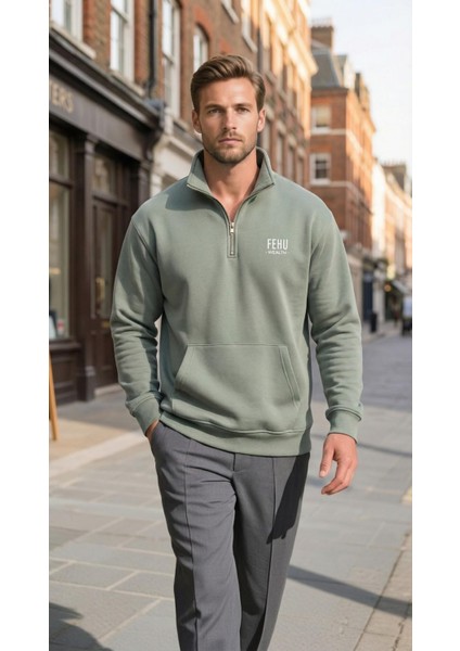 Erkek Yarım Fermuarlı Sweatshırt Yeşil