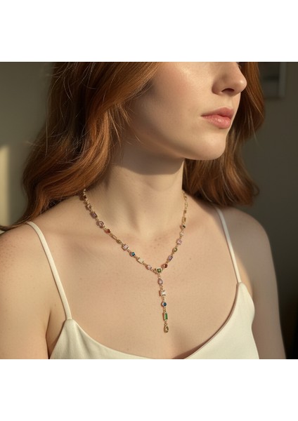 14 Ayar Altın Renginde 925 Ayar Gümüş Zirkon Taşlı Lariat Kadın Kolye - Doğum Günü, Sevgililer Günü, Anneler Günü, Yıldönümü Hediyesi