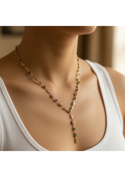 14 Ayar Altın Renginde 925 Ayar Gümüş Zirkon Taşlı Lariat Kadın Kolye - Doğum Günü, Sevgililer Günü, Anneler Günü, Yıldönümü Hediyesi fiyatları