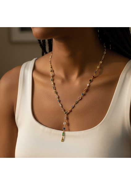 14 Ayar Altın Renginde 925 Ayar Gümüş Zirkon Taşlı Lariat Kadın Kolye - Doğum Günü, Sevgililer Günü, Anneler Günü, Yıldönümü Hediyesi modelleri