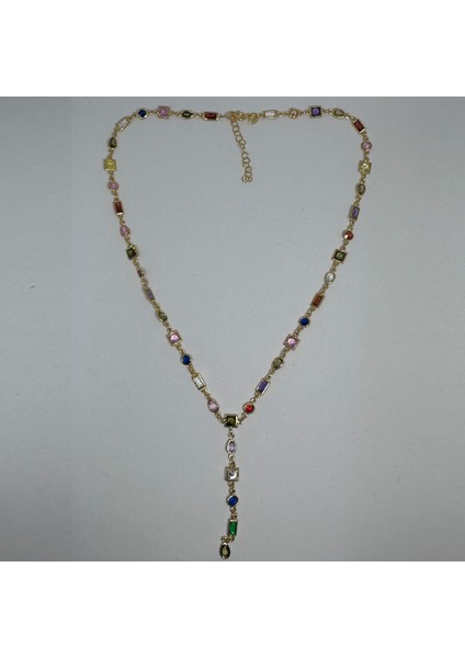 14 Ayar Altın Renginde 925 Ayar Gümüş Zirkon Taşlı Lariat Kadın Kolye - Doğum Günü, Sevgililer Günü, Anneler Günü, Yıldönümü Hediyesi