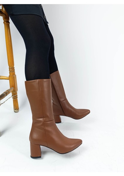 Hakiki Deri Taba Renk Sivri Burun Kalın Topuk Diz Altı 36-40 Numara Arası Kadın Çizme fırsatları
