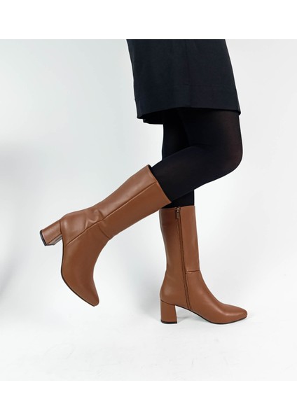 Hakiki Deri Taba Renk Sivri Burun Kalın Topuk Diz Altı 36-40 Numara Arası Kadın Çizme indirimleri