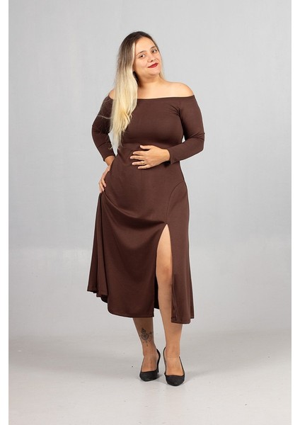 Büyük Beden Madonna Yaka Yırtmaçlı Modal Penye Elbise Kahverengi fiyatları