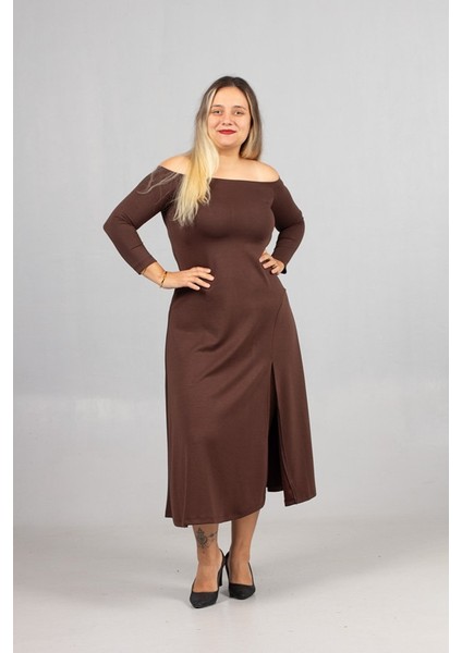 Büyük Beden Madonna Yaka Yırtmaçlı Modal Penye Elbise Kahverengi indirimleri