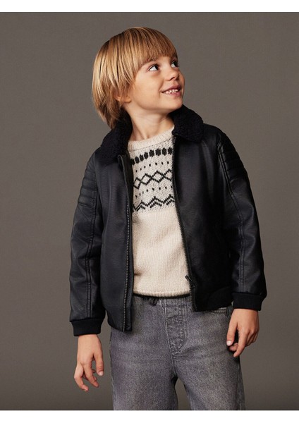 Lcw Kids Siyah Pelüş Yaka Deri Görünümlü Erkek Çocuk Mont