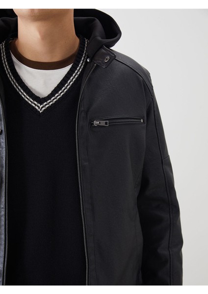 Siyah Slim Fit Kapüşonlu Erkek Deri Görünümlü Mont modelleri