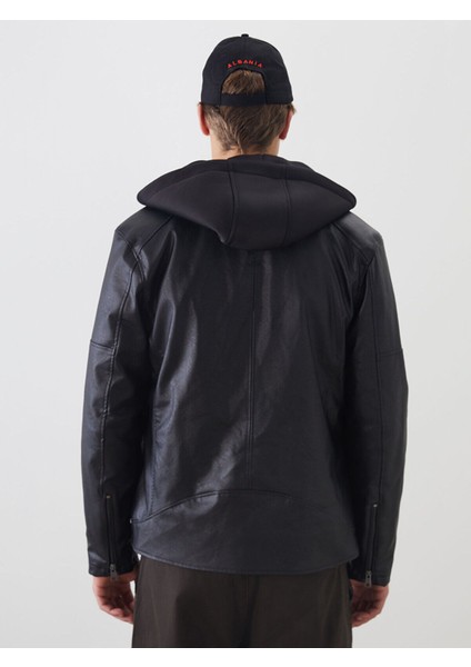 Siyah Slim Fit Kapüşonlu Erkek Deri Görünümlü Mont indirimleri