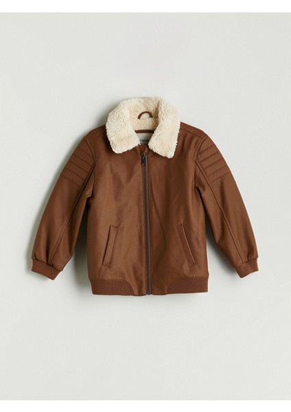 Deri Görünümlü Uzun Kollu Erkek Çocuk Mont