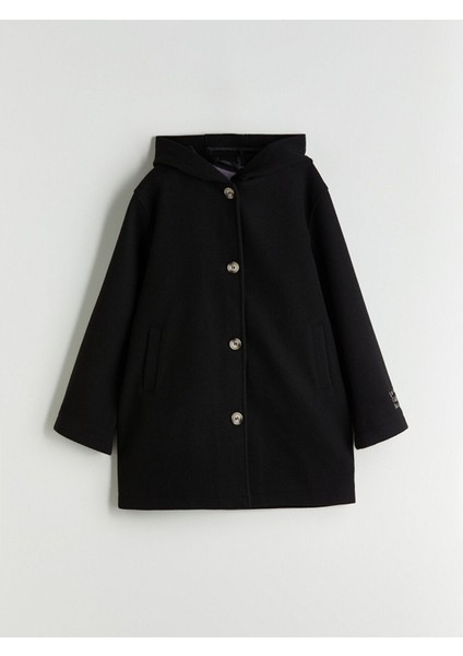 Siyah Kapüşonlu Kız Çocuk Kaşe Kaban