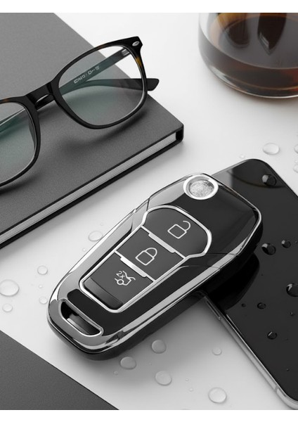 Ford Focus 4 Ecosport Fiesta Puma Ranger Mondeo Kuga 3 Buton Nano Anahtar Kılıfı Sustalı Siyah-Gümüş