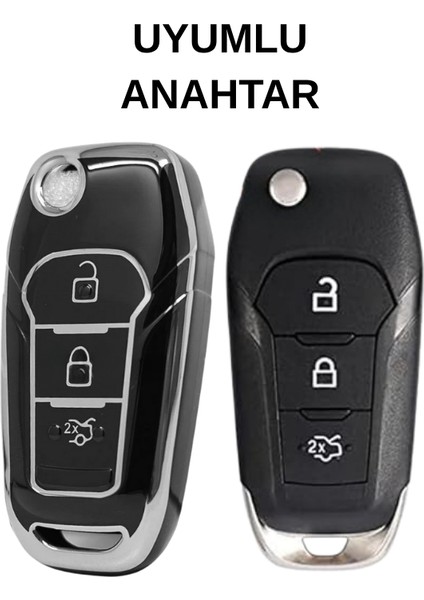 Ford Focus 4 Ecosport Fiesta Puma Ranger Mondeo Kuga 3 Buton Nano Anahtar Kılıfı Sustalı Siyah-Gümüş fiyatları