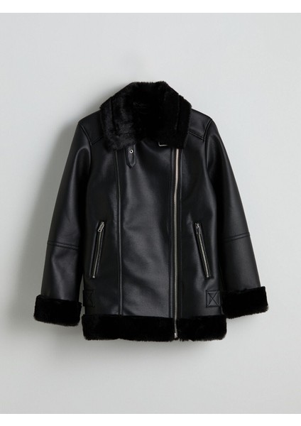 Peak Yeni Sezon Biker Yaka Kadın Deri Görünümlü Mont