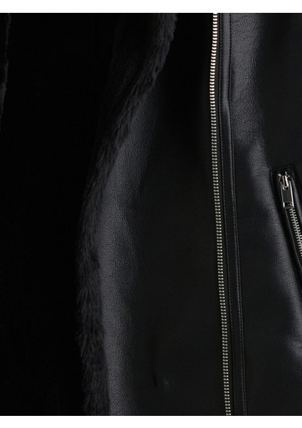 Peak Yeni Sezon Biker Yaka Kadın Deri Görünümlü Mont