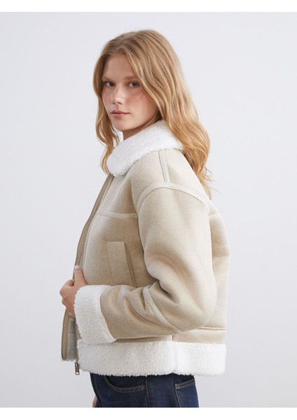 Ekru Gömlek Yaka Kadın Süet Mont