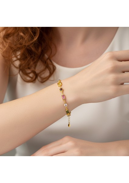 14 Ayar Altın Renginde 925 Ayar Gümüş Zirkon Taşlı Kadın Bileklik - Doğum Günü, Sevgililer Günü, Anneler Günü, Yıldönümü Hediyesi - 20 cm fiyatları