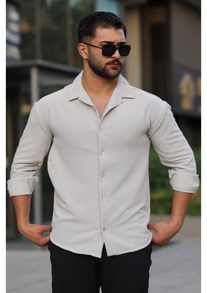 Erkek Likralı Örme Dokulu Regular Fit Casual Gömlek –gri