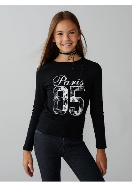 Bisiklet Yaka Paris Baskılı Kız Çocuk Tişört