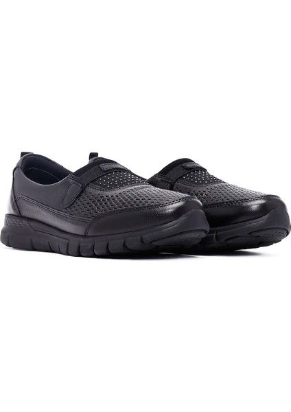 (Ayak Trendi) Kadın Taş Detaylı Hakiki Deri Phlon Hafif Taban Comfort Ayakkabı Siyah