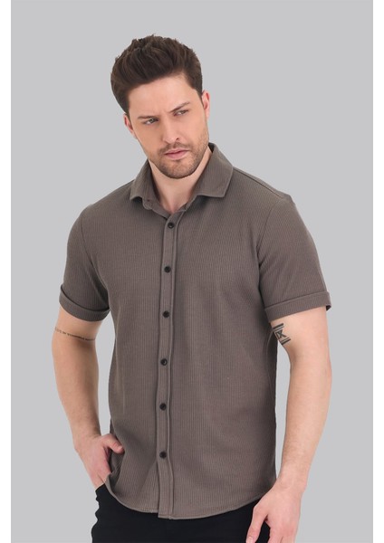 Ash Kül Rengi Likralı Örme Dokulu Regular Fit Kısa Kollu Gömlek
