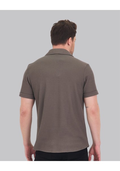 Ash Kül Rengi Likralı Örme Dokulu Regular Fit Kısa Kollu Gömlek fiyatları