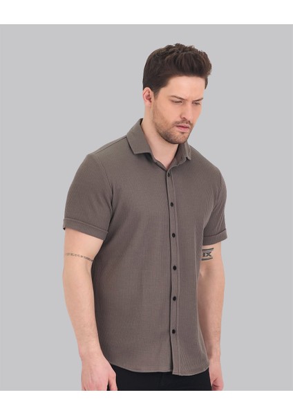 Ash Kül Rengi Likralı Örme Dokulu Regular Fit Kısa Kollu Gömlek fırsatları
