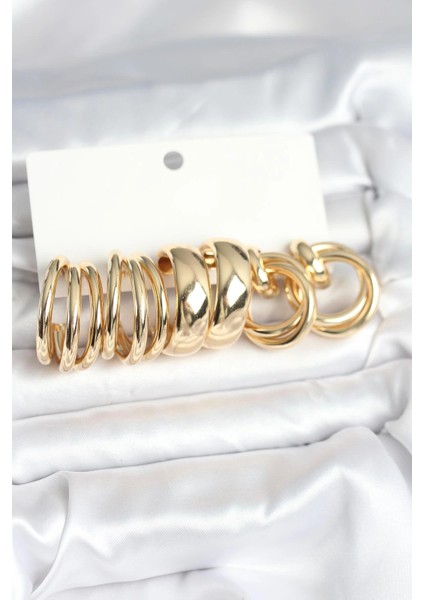 Pirinç Gold Renk 3 Çift Vintage Kadın Küpe Seti