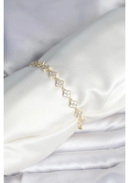 Zirkon Taşlı Pirinç Yonca Model Bileklik