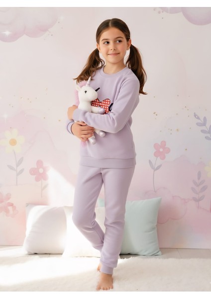 Kız Çocuk Baskılı Açık Leylak Moru Rahat Eşofman Takımı