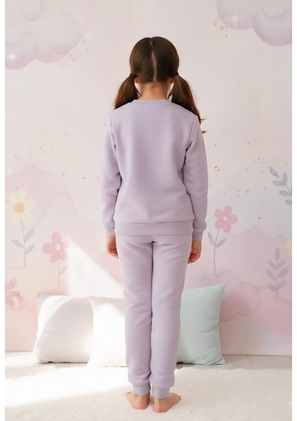 Kız Çocuk Baskılı Açık Leylak Moru Rahat Eşofman Takımı modelleri