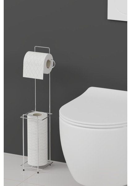 Krom Metal Tuvalet Kağıtlığı – Yedekli Wc Kağıtlığı Standı – Modern Şık Banyo Aksesuarı 58X12X12 cm