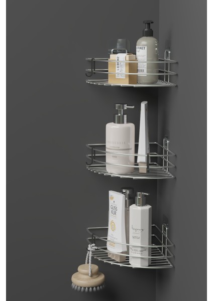 3’lü Yapışkanlı Krom Metal Köşe Banyo Rafı – Banyo Seti Çok Katlı Duş Şampuanlık