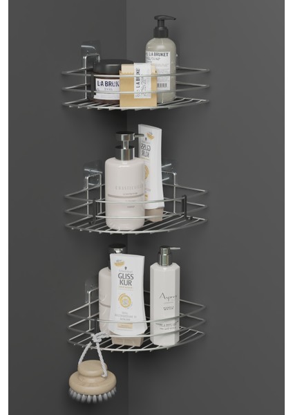 3’lü Yapışkanlı Krom Metal Köşe Banyo Rafı – Banyo Seti Çok Katlı Duş Şampuanlık fiyatları