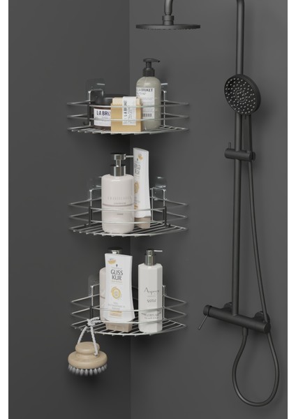 3’lü Yapışkanlı Krom Metal Köşe Banyo Rafı – Banyo Seti Çok Katlı Duş Şampuanlık modelleri