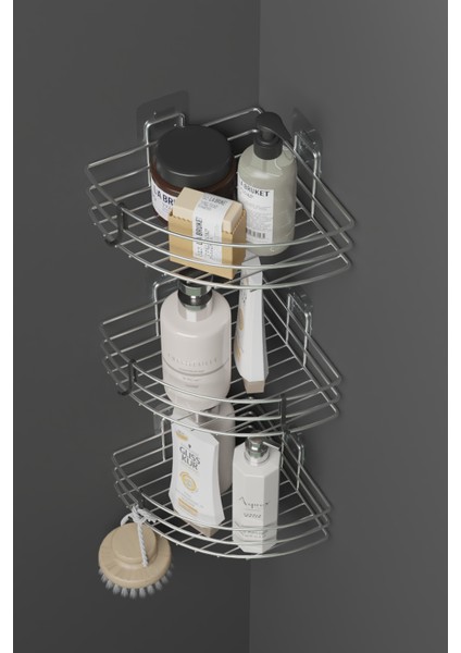 3’lü Yapışkanlı Krom Metal Köşe Banyo Rafı – Banyo Seti Çok Katlı Duş Şampuanlık fırsatları