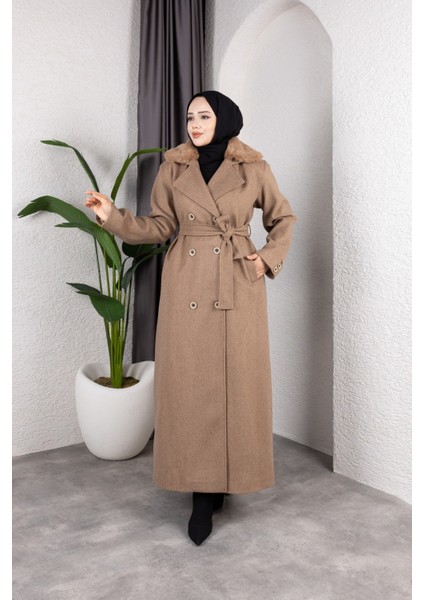 Kadın Kruvaze Kürk Yaka Kuşaklı Tam Boy Manto Kaban -PMK491