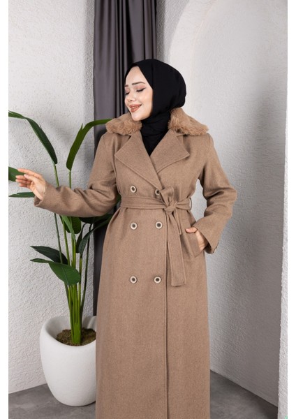 Kadın Kruvaze Kürk Yaka Kuşaklı Tam Boy Manto Kaban -PMK491 fiyatları