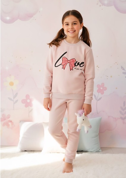 Kız Çocuk Baskılı Toz Pembe Rahat Eşofman Takımı
