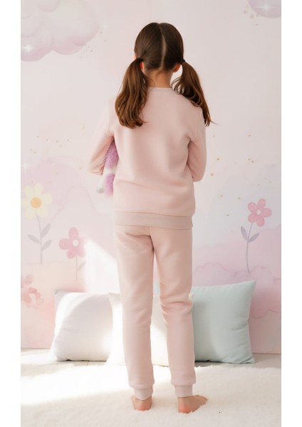 Kız Çocuk Baskılı Toz Pembe Rahat Eşofman Takımı modelleri