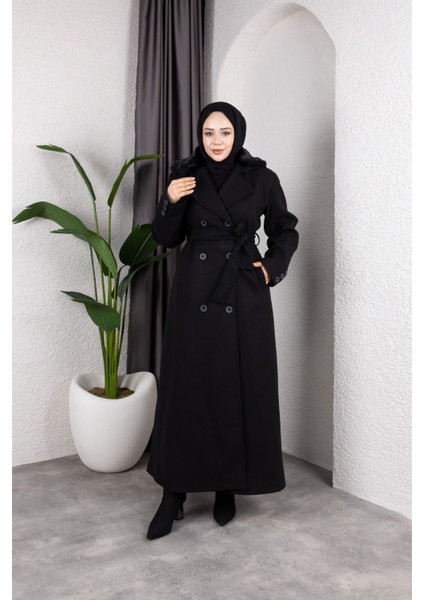 Kadın Kruvaze Kürk Yaka Kuşaklı Tam Boy Manto Kaban -PMK491