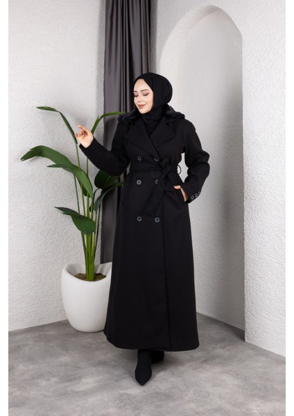 Kadın Kruvaze Kürk Yaka Kuşaklı Tam Boy Manto Kaban -PMK491 fiyatları