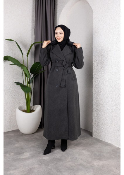 Kadın Kruvaze Kürk Yaka Kuşaklı Tam Boy Manto Kaban -PMK491 fiyatları