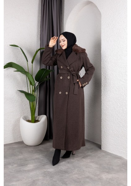 Kadın Kruvaze Kürk Yaka Kuşaklı Tam Boy Manto Kaban -PMK491